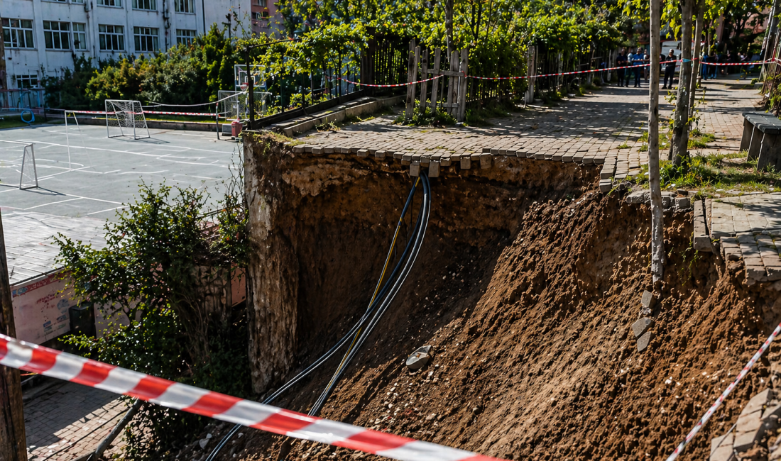Çayırova’da okulun istinat duvarı çöktü. Mevlana İlköğretim Okulu çevresinde toprak