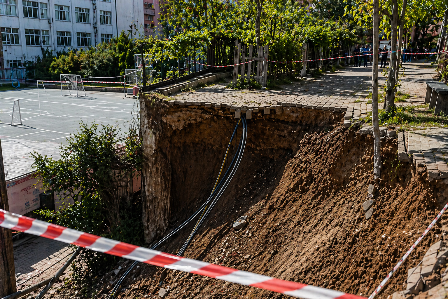 Çayırova’da okulun istinat duvarı çöktü. Mevlana İlköğretim Okulu çevresinde toprak