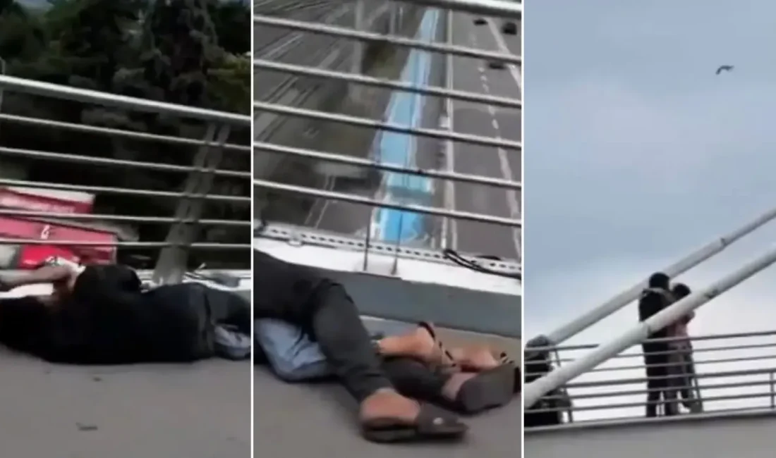Kocaeli'nin İzmit ilçesindeki Halkevi Köprüsü'nde bir çiftin kamusal alanda sergilediği